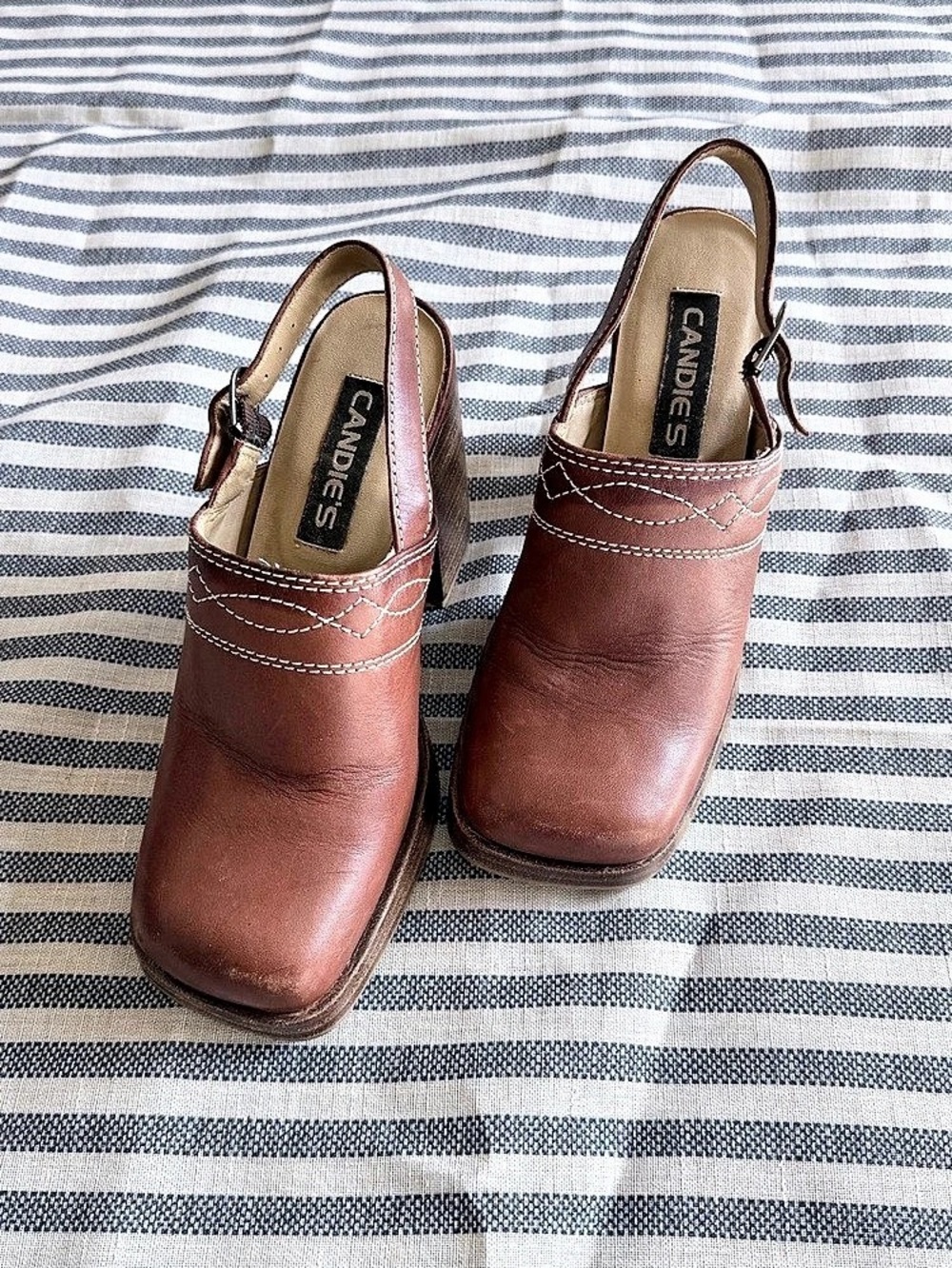 VTG Candie’s Brown Leather Slingback Clog Heels Square Toe Size 6